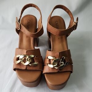 Carmela Camel Brown Italian Leather Platform Sandals Size 40